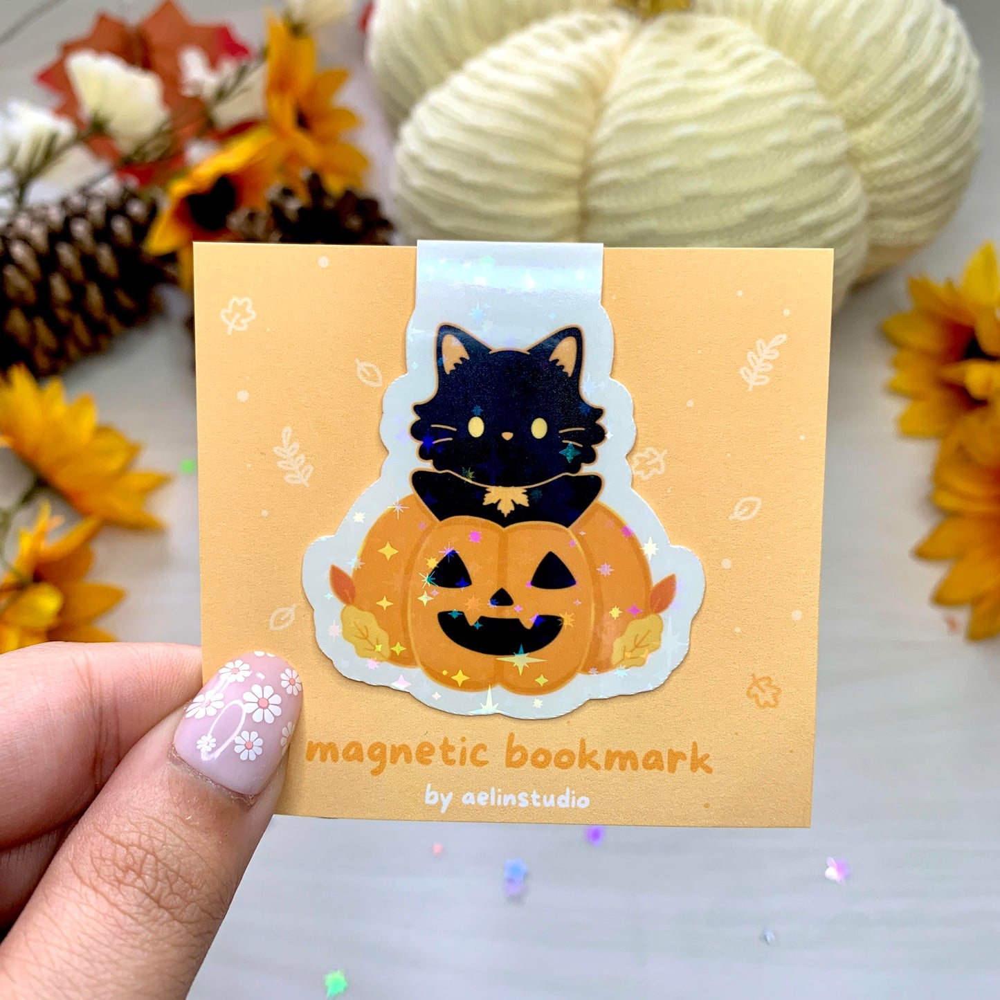 Halloween Pumpkin Cat Magnetic Bookmark