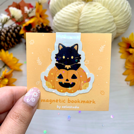 Halloween Pumpkin Cat Magnetic Bookmark